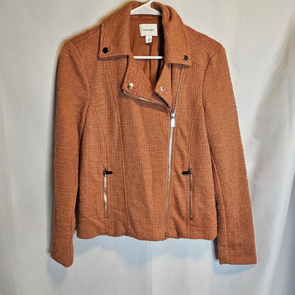 Nine‎ West Moto Fringe Textured Knit Moto Jacket Small S Women's Brown Orange